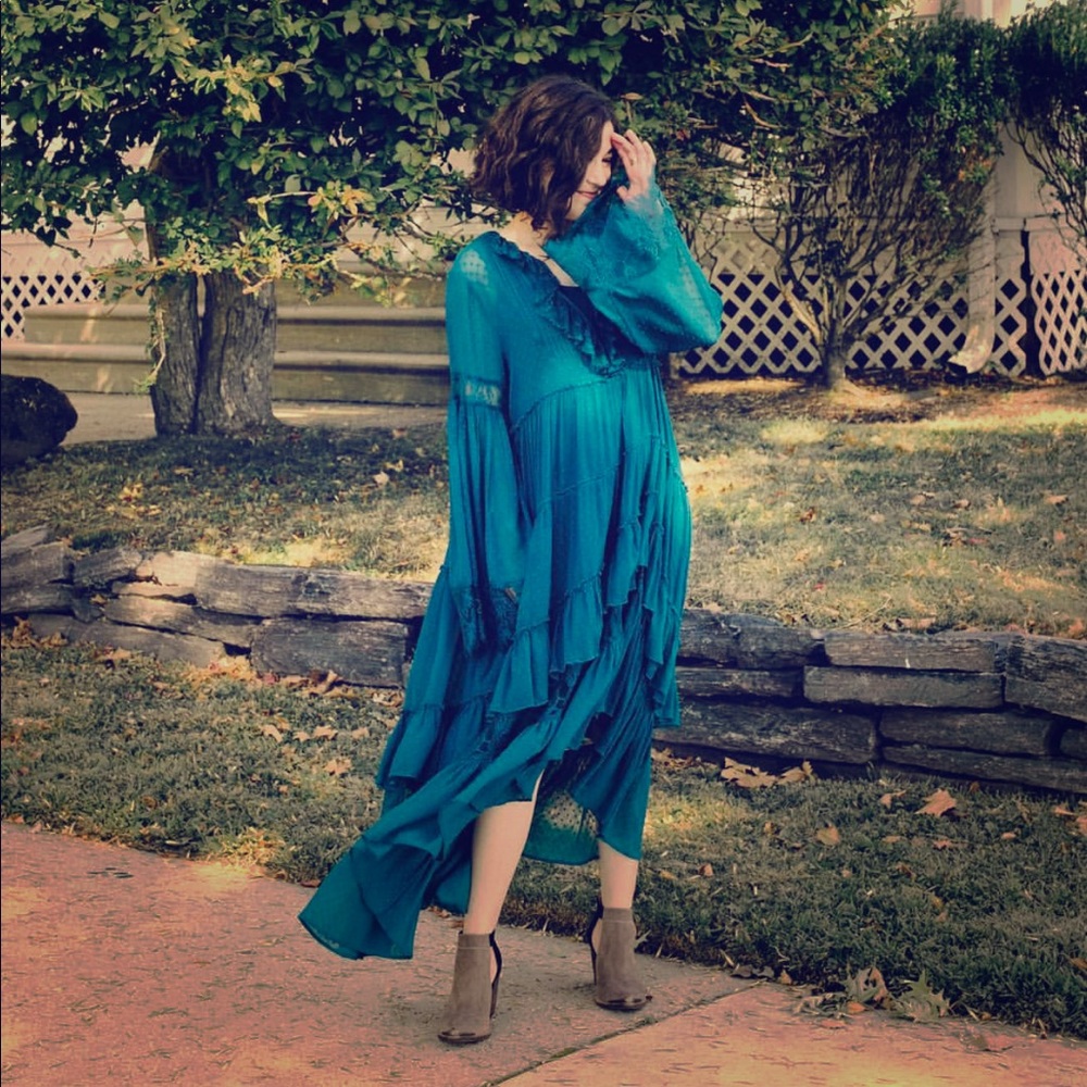 Maeve Teal Ruffled Midi Dress